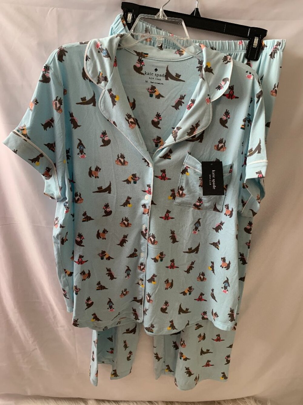 KATE SPADE Playful Scottie Dog Pajamas Set in Blue/White Sz EXTRA LARGE